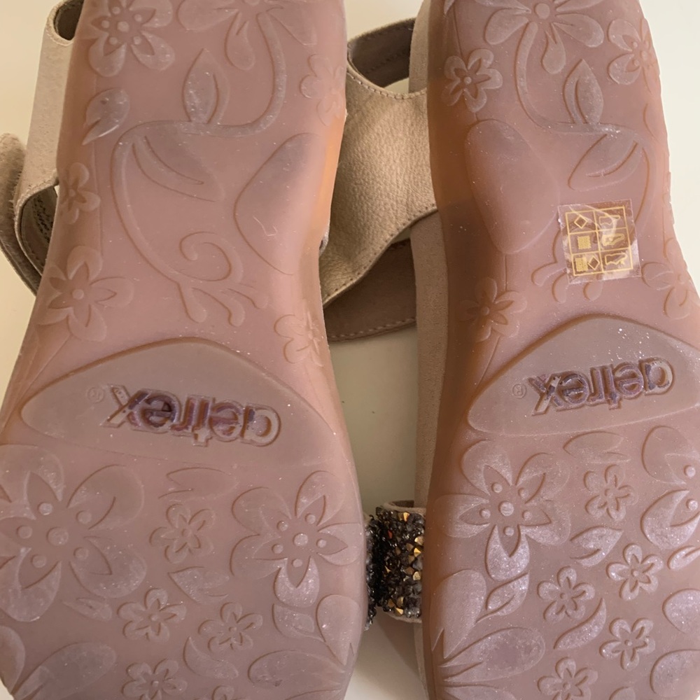 AETREX Gold and Tan Glitter Sandals with Ankle Strap - Picture 6 of 7